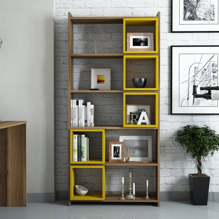 Hanah Home Estantería de Estilo Bohemio en Nogal y Amarillo Hanah Home Estantería de Estilo Bohemio en Nogal y Amarillo
